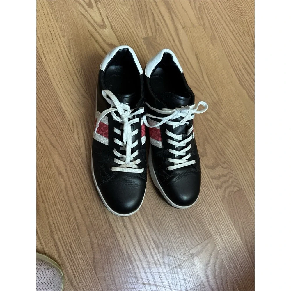 Michael Kors Black Leather Sneakers White Red MK Logo Stripe Trainers Womens 10M